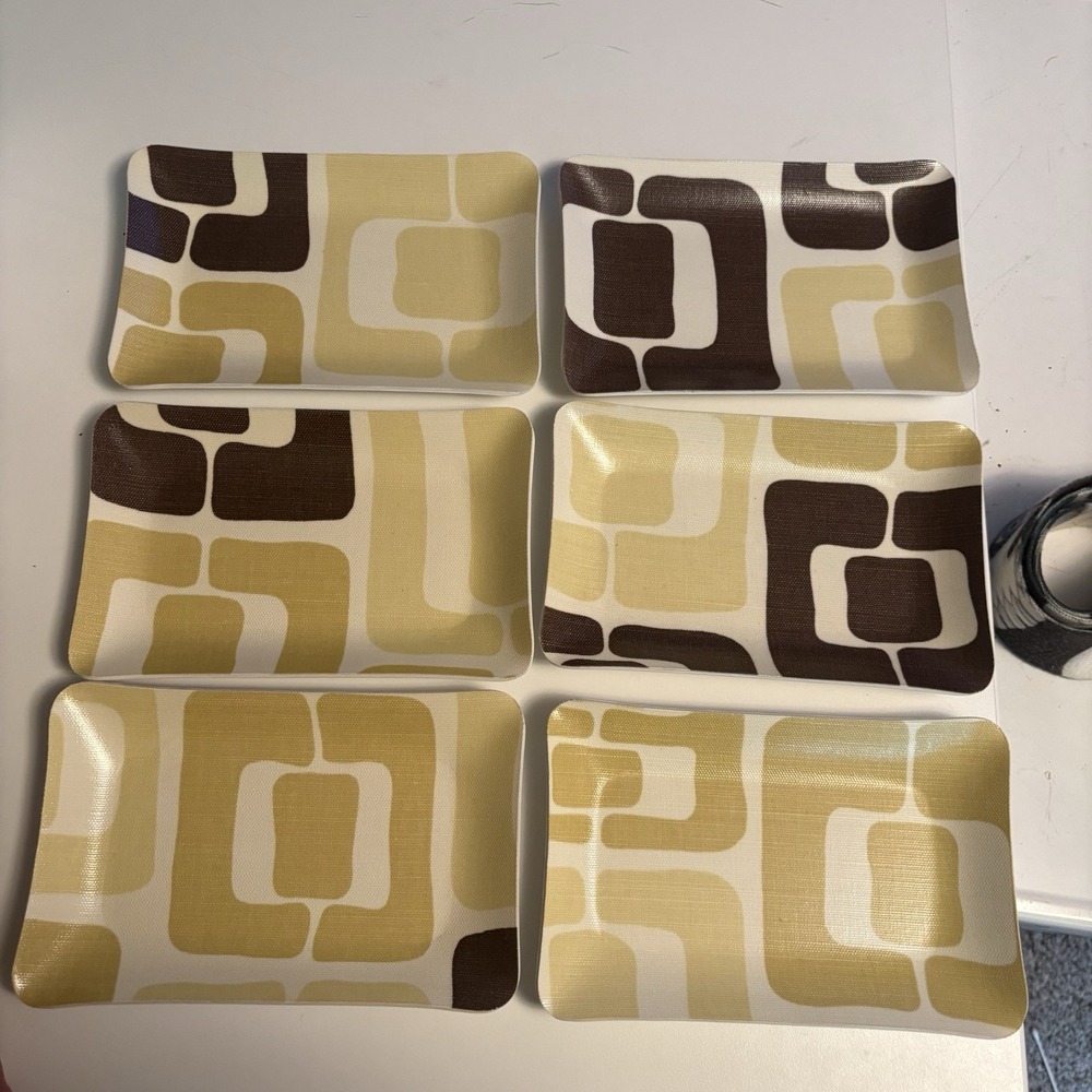 RARE Angela Adams Cream, Gold & Brown Set Of 6 Trays 8x5" MCM Mid Century